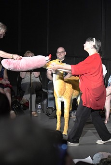 Borek (standing, left) performed his freeform theater show on opening night of Rochester Fringe 2019.