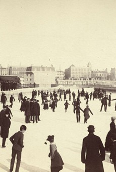 19th century Rochester residents enjoying the popular Aqueduct Skating Rink. The view is to the east looking towards South Avenue.