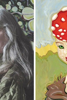 Left: Artist Lucinda Storms in front of one of her largescale paintings of apples. Right: Storms' painting, "Amanita M."