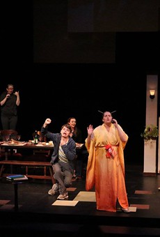 (Foreground left to right) Tom Weyman, Adrian Svenson, Meredith Lipman, Jen Moore, and Katharyn Head appear in "Tribes" on stage at NTID. (Background left to right) ASL interpreters Jim Orr and JoEllen diGiovanni.