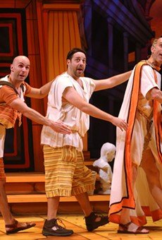 Mark Bedard as Hysterium, Steve Rosen as Pseudolus,
and James Michael Reilly as Senex in "A Funny Thing Happened
on the Way to the Forum." The show is currently on stage at Geva
Theatre Center.