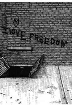 Anne Muntges' ink drawing, "I Love Freedom," is part of "Trying to Understand the World," featuring work by Muntges and Sylvia Taylor at Main Street Arts.