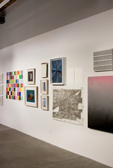 Installation view of "Minimal Mostly" at R1 Studios, which includes work by Sol Lewitt, Spencer Fish, Mika Tajima, Frank Stella, Amanda Means, and others.