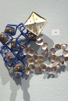 Juan Carlos Caballero-Perez, 'Brooch Patterns" with sterling silver; 18, 22, and 24k gold; bronze, brown diamond, copper enamel, felt, stainless steel pins, and pearls.