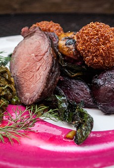 On the menu at a recent Hearth and Cellar pop-up dinner: "Fantasy of Beets" (with roast beef), a dish of whole roasted beets with quinoa fritters, sauteed chopped beet greens, and dill.