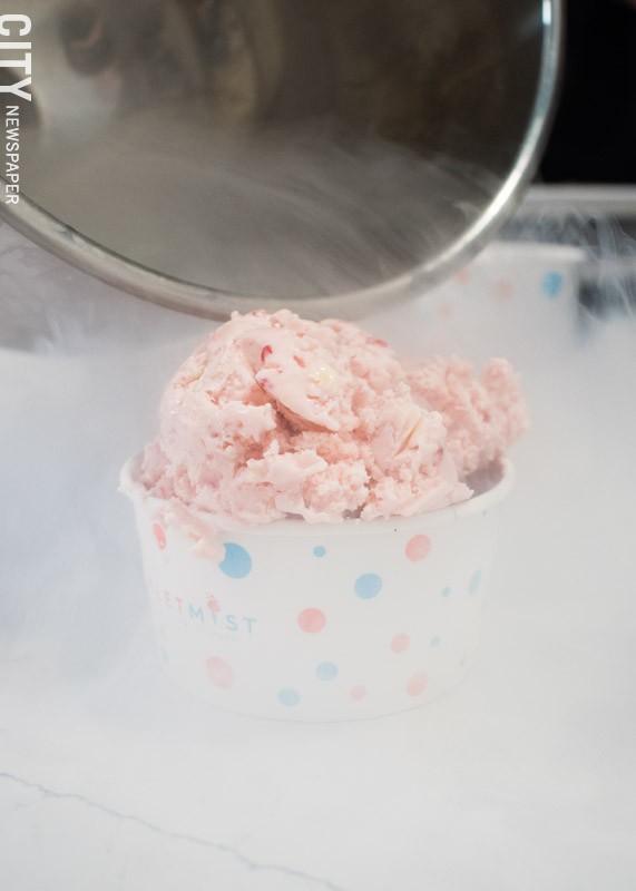 Liquid nitrogen being poured over the ice cream. - PHOTO BY RENÉE HEININGER