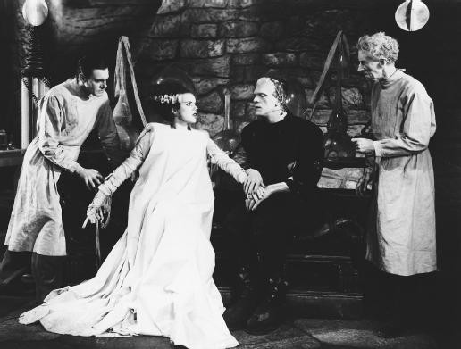 Colin Clive, Elsa Lanchester, Boris Karloff and Ernest Thesiger in "Bride of Frankenstein." - PUBLIC DOMAIN.