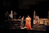 PHOTO COURTESY JERRY ARGETSINGER - (Foreground left to right) Tom Weyman, Adrian Svenson, Meredith Lipman, Jen Moore, and Katharyn Head appear in "Tribes" on stage at NTID. (Background left to right) ASL interpreters Jim Orr and JoEllen diGiovanni.