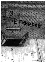 PHOTO PROVIDED - Anne Muntges' ink drawing, "I Love Freedom," is part of "Trying to Understand the World," featuring work by Muntges and Sylvia Taylor at Main Street Arts.